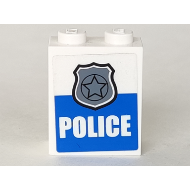 white brick 1 x 2 x 2 with inside stud holder with silver police badge and police pattern sticker - set 4440