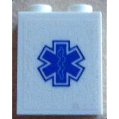 white brick 1 x 2 x 2 with inside stud holder with blue emt star of life on transparent background pattern sticker - set 60023