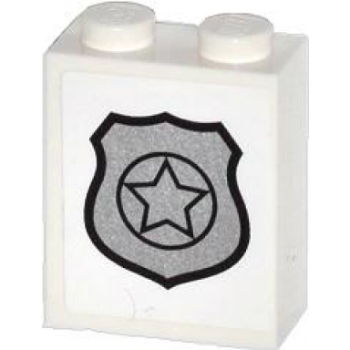white brick 1 x 2 x 2 with inside stud holder with silver police badge pattern sticker - sets 60044 60046
