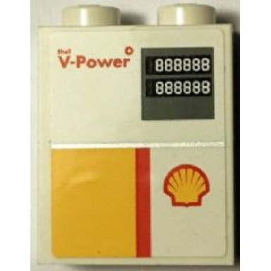 white brick 1 x 2 x 2 with inside stud holder with shell logo and shell v-power pattern sticker - set 40195