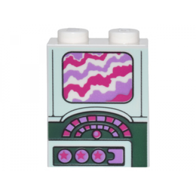 white brick 1 x 2 x 2 with inside stud holder with magenta and medium lavender screen buttons and stars on light aqua and dark green panels pattern