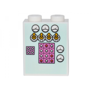 white brick 1 x 2 x 2 with inside stud holder with gauges toggle switches and buttons on light aqua background pattern