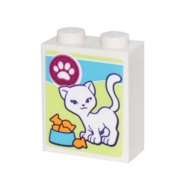 white brick 1 x 2 x 2 with inside stud holder with box of cat treats with white cat white paw print and bowl of goldfish pattern sticker - set 41305