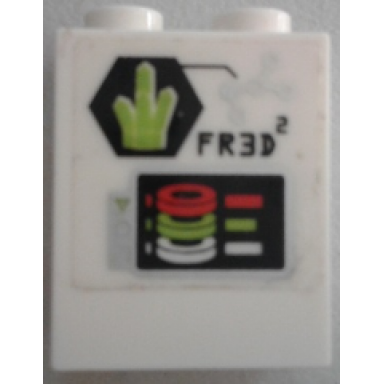 white brick 1 x 2 x 2 with inside stud holder with crystal and fr3d2 pattern sticker - set 70163