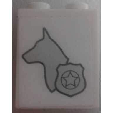 white brick 1 x 2 x 2 with inside stud holder with silver dog head silhouette and police badge pattern model left side sticker - set 60048