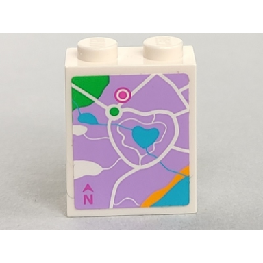 white brick 1 x 2 x 2 with inside stud holder with lavender map heartlake city pattern sticker - set 41013