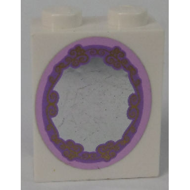 white brick 1 x 2 x 2 with inside stud holder with silver mirror in gold and pink frame pattern sticker - set 41055
