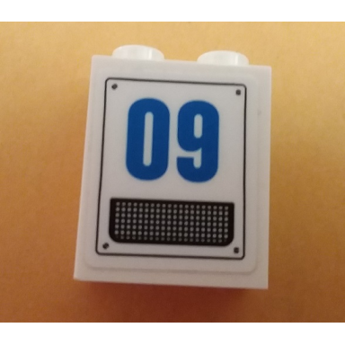 white brick 1 x 2 x 2 with inside stud holder with blue 09 and grille pattern sticker - set 60167