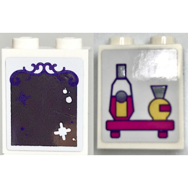 white brick 1 x 2 x 2 with inside stud holder with vanity mirror bottles on shelf pattern stickers - set 40307