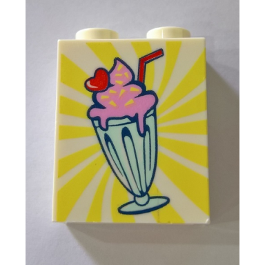 white brick 1 x 2 x 2 with inside stud holder with bright pink milkshake with red straw and cherry in light aqua glass pattern