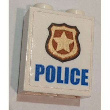 white brick 1 x 2 x 2 with inside stud holder with blue police gold and copper badge pattern sticker - set 60139