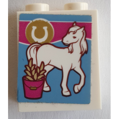 white brick 1 x 2 x 2 with inside stud holder with horseshoe horse and grain in bucket pattern sticker - set 41126