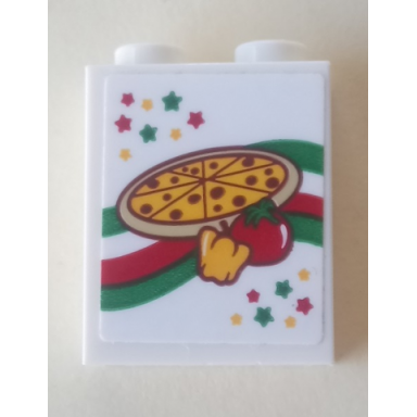 white brick 1 x 2 x 2 with inside stud holder with stars pizza pepper and tomato pattern sticker - set 41311