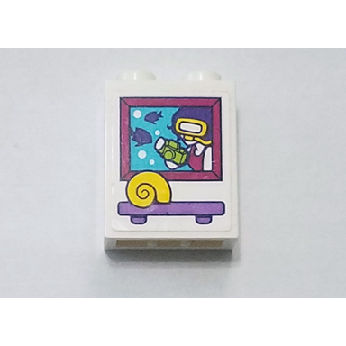 white brick 1 x 2 x 2 with inside stud holder with picture of diver and seashell on shelf pattern sticker - set 41317