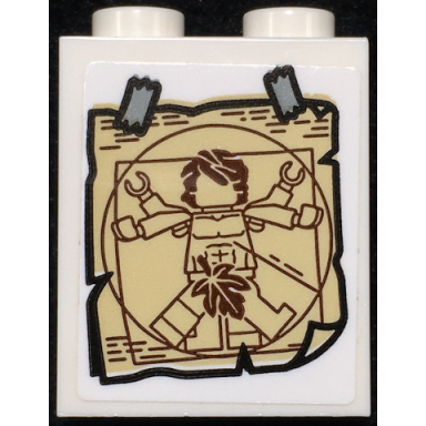 white brick 1 x 2 x 2 with inside stud holder with picture of vitruvian minifigure with fig leaf and tape pattern sticker - set 70657
