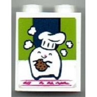 white brick 1 x 2 x 2 with inside stud holder with chef with hat and cookie pattern sticker - set 41393