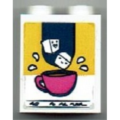 white brick 1 x 2 x 2 with inside stud holder with dark pink cup and sugar cubes pattern sticker - set 41393