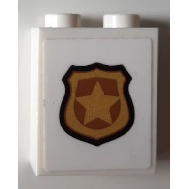 white brick 1 x 2 x 2 with inside stud holder with gold and copper police badge pattern sticker - set 60143