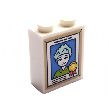 white brick 1 x 2 x 2 with inside stud holder with picture of friends minifigure charli with light aqua hair and number 1 award ribbon in tan frame pattern sticker - set 41728