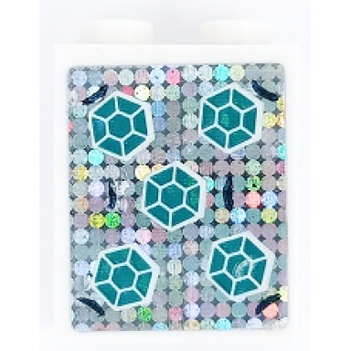 white brick 1 x 2 x 2 with inside stud holder with 5 dark turquoise hexagonal gems on silver holographic glitter background pattern sticker - set 41255