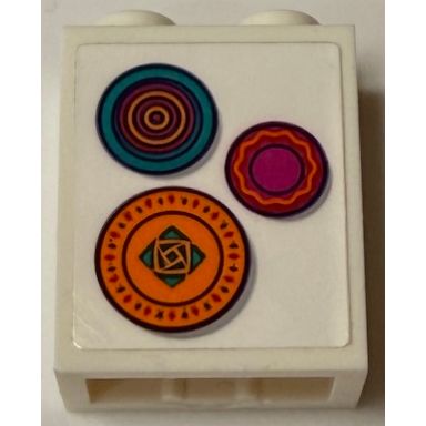 white brick 1 x 2 x 2 with inside stud holder with orange dark turquoise and magenta decorative circles pattern sticker - set 43231