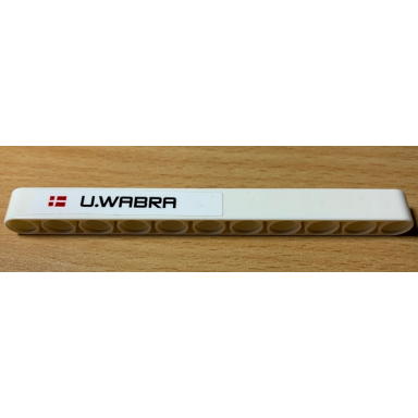 white technic liftarm thick 1 x 11 with u.wabra and denmark flag pattern sticker - set 42077