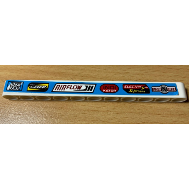 white technic liftarm thick 1 x 11 with car ads on medium blue background pattern sticker - set 42077