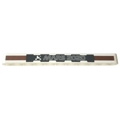 white technic liftarm thick 1 x 11 with mars 2020 on dark bluish gray background with medium nougat stripes pattern sticker - set 42158
