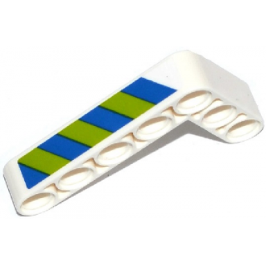 white technic liftarm modified bent thick l-shape 3 x 5 with blue and lime danger stripes pattern model left side sticker - set 42047