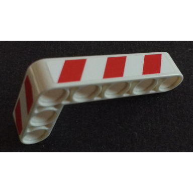 white technic liftarm modified bent thick l-shape 3 x 5 with red and white danger stripes pattern model left side stickers - set 42042