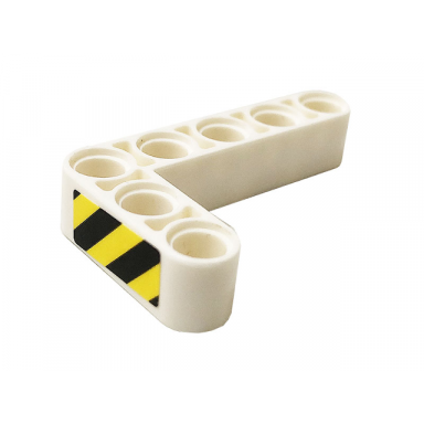 white technic liftarm modified bent thick l-shape 3 x 5 with black and yellow danger stripes pattern sticker - set 70915