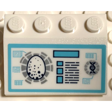 white slope 33 3 x 4 with screen with dinosaur egg buttons and dna double helix pattern sticker - set 75939