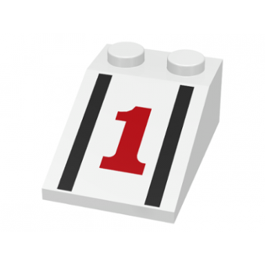 white slope 33 3 x 2 with red number 1 black stripes pattern