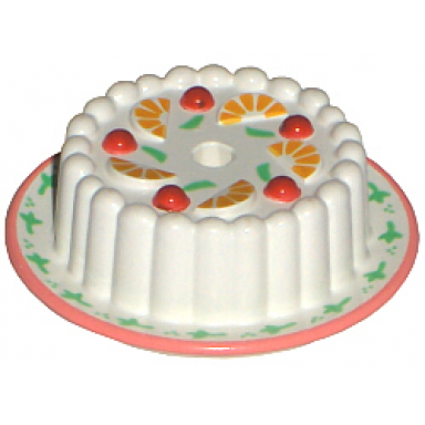white cake with red cherries and orange wedges pattern