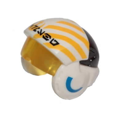 white minifigure headgear helmet sw rebel pilot raised front with trans-yellow visor with yellow diagonal stripes pdg back and alien letters pattern