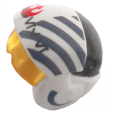 white minifigure headgear helmet sw rebel pilot raised front with trans-yellow visor with blue diagonal stripes and dark bluish gray alien letters pattern