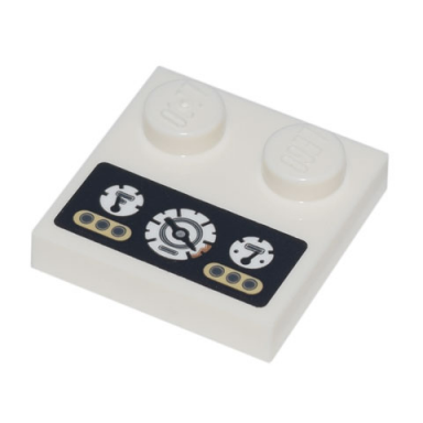 white tile modified 2 x 2 with studs on edge with vehicle dashboard with 3 round white gauges and warning lights pattern sticker - set 70840