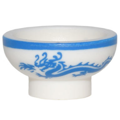 white minifigure utensil bowl with blue rim and dragon pattern