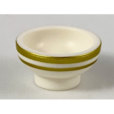 white minifigure utensil bowl with gold rim and stripe pattern