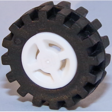 white wheel 8mm d x 6mm with slot with black tire 15mm d x 6mm offset tread small - band around center of tread 34337 87414