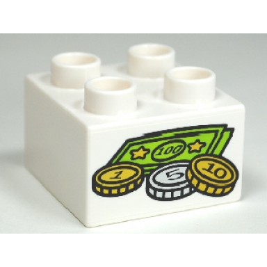 white duplo brick 2 x 2 with money coins and bills pattern