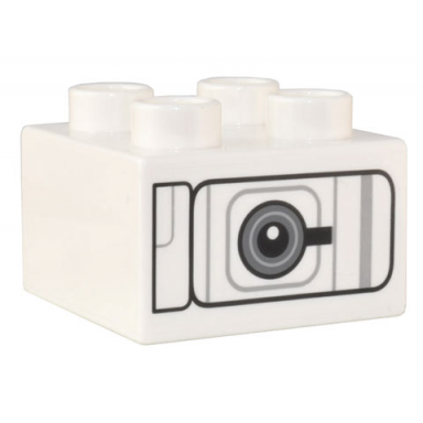white duplo brick 2 x 2 with black and dark bluish gray mechanical panel and circle pattern