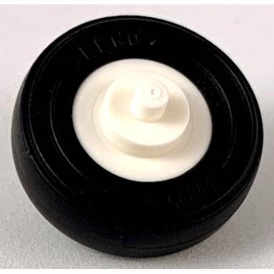 white wheel center small with stub axles pulley wheel with black tire 14mm d x 4mm smooth small single with number embossed on side 3464 59895