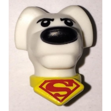 white dog head with black eyes and nose and yellow collar with red superman logo pattern krypto the superdog