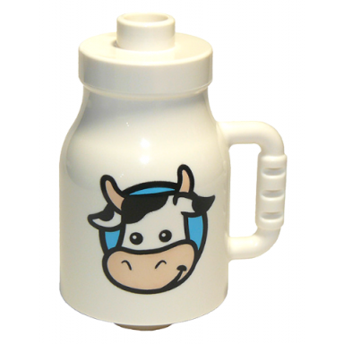 white duplo utensil milk bottle with handle with cow head pattern