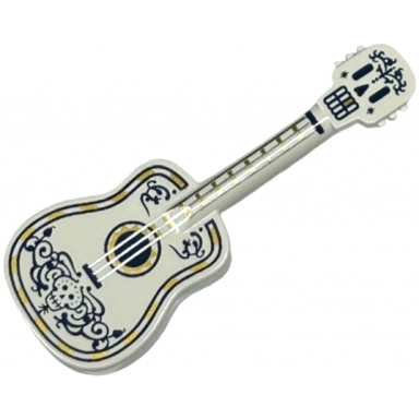 white minifigure utensil musical instrument guitar acoustic with tuning knobs with silver strings skull and dark blue and gold ornaments pattern