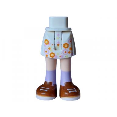 white mini doll hips and skirt with molded light nougat legs and printed bright light yellow bright pink and orange flowers dark orange shoes with white laces and soles and medium lavender socks pattern - thin hinge