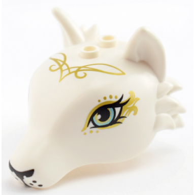 white fox head with light aqua eyes golden swirls and black nose pattern
