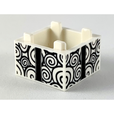 white container box 2 x 2 x 1 - top opening with flat inner bottom with black spirals and gift wrap ribbon pattern