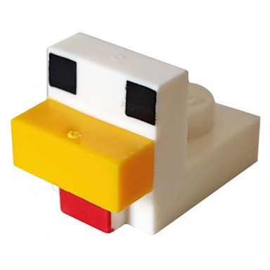 white creature head pixelated with molded bright light orange beak and printed black eyes and red wattle pattern minecraft chicken